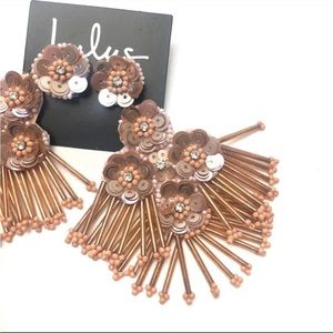 Rose Gold Beaded Sequin Flower Statement Earrings